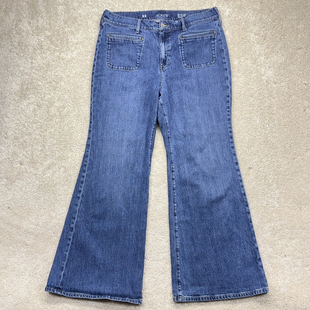 J.Crew 96 Flare Jeans Womens 33‎ Blue Indigo High Rise Patch Pocket 78140